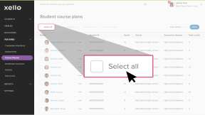 Student course list page in Xello with the cursor clicking "Selected (0)" to select all of the names in the student list